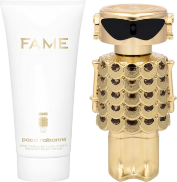 Zestaw Paco Rabanne Fame Intense: biały balsam do ciała i złota, robotyczna butelka wody perfumowanej.