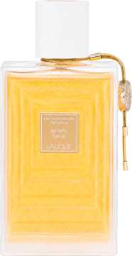 Złota woda perfumowana Lalique Infinite Shine w prostokątnej butelce z białym korkiem i złotym sznurkiem, widok z przodu.