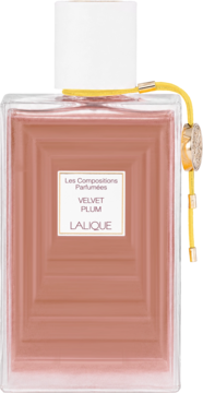 Damska woda perfumowana Lalique Velvet Plum, prostokątny flakon z różowo-brązowym płynem i białą zakrętką.