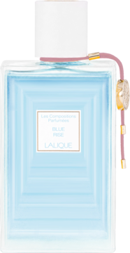 Lalique Blue Rise woda perfumowana, błękitna butelka z efektem głębi i różową ozdobą przy korku, widok z przodu.