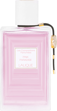 Lalique Pink Paradise, damska woda perfumowana w różowej butelce z białym korkiem i złotym ozdobnym sznurkiem, widok frontalny.