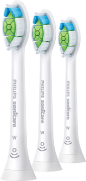 Zestaw trzech białych końcówek Philips Sonicare W2 z niebieskimi i zielonymi włóknami, widok z przodu.
