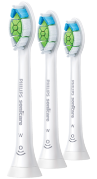 Trzy białe końcówki Philips Sonicare W2 Optimal White, widok z przodu. Mają zielono-niebieskie włókna, usuwają przebarwienia.