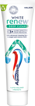 Pasta do zębów Aquafresh White Renew Deep Clean, biała tubka, 3x skuteczniejsze usuwanie przebarwień, widok z przodu.