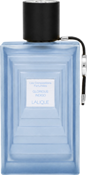 Lalique Glorious Indigo EDP, błękitna butelka z unikalnym, stopniowanym wzorem i czarną nakrętką.