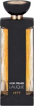Lalique Noir Premier 1977 woda perfumowana. Czarna butelka z pionowymi, złotymi, teksturowanymi pasami, widok z przodu.