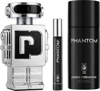 Zestaw Paco Rabanne Phantom: robot-butelka 100ml, miniatura 10ml i dezodorant 150ml, czarno-srebrne.