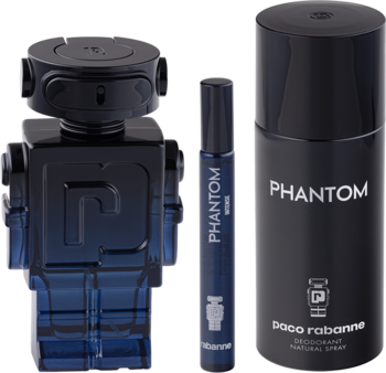 Paco Rabanne Phantom Intense zestaw: perfumy robot 100ml, 10ml, dezodorant 150ml. Widok z przodu.