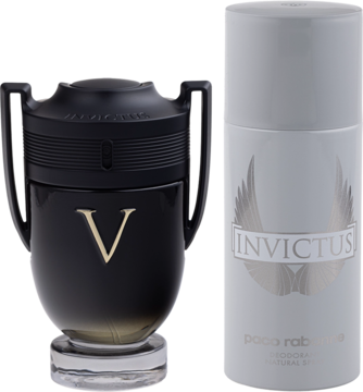 Męski zestaw Paco Rabanne Invictus Victory: czarna butelka EDP 100ml z 'V' i srebrny dezodorant 150ml.