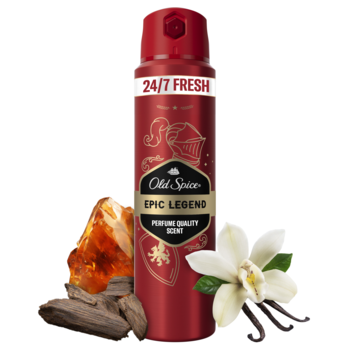 Czerwony dezodorant Old Spice Epic Legend 24/7 FRESH, obok wanilia, drewno i bursztyn. Widok z przodu.