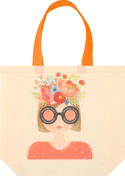 Torba na zakupy, beżowa z pomarańczowymi uchwytami, grafika kobiety z okularami i kwiatami.
