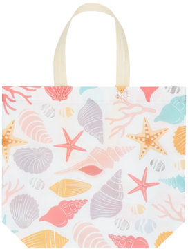 Torba na zakupy wielokrotnego użycia 34x25x10 cm z wzorem różowych muszli, gwiazd i koralowców, widok z przodu.