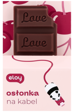 Eloy osłonka na kabel z pandą na różowym tle. Górna część zdjęcia: czekolada z napisem 'Love' i wiśniami.