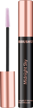 Czarna maskara Brush UP! Midnight Sky, z różowozłotymi detalami i fioletową silikonową szczoteczką.