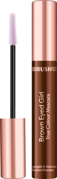 BRUSH! Brown Eyed Girl brązowa maskara wydłużająco-pogrubiająca, otwarta, z różową szczoteczką silikonową.