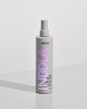 Szary Indola Gel Spray w butelce z pompką, różowe logo, widok z przodu. Produkt do stylizacji włosów, wegański.