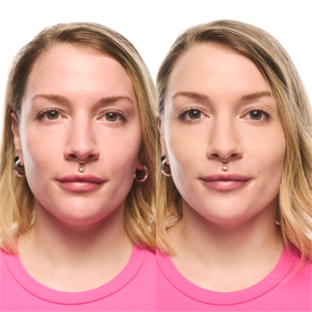 Podzielone zdjęcie twarzy kobiety: przed i po aplikacji matującego podkładu Essence Foundation Stick w jasnym odcieniu.