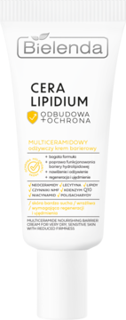 Bielenda Cera Lipidium, multiceramidowy krem barierowy do twarzy w białej tubce, widok z przodu.