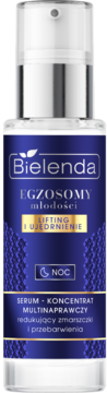 Bielenda Egzosomy młodości serum na noc, granatowa butelka, liftinguje i ujędrnia, widok z przodu.