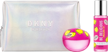 Zestaw upominkowy DKNY Be Delicious Orchard St.: iryzująca kosmetyczka, okrągła woda perfumowana i mgiełka do ciała.