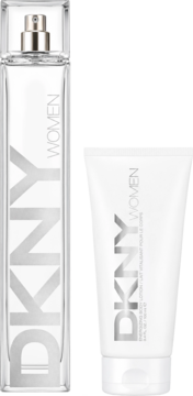 Zestaw DKNY Woman: woda perfumowana w szklanej butelce i balsam w białej tubce, widok z przodu.