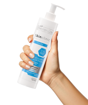 Dłoń trzyma serum-ampułkę Bielenda Skin Clinic Daily z 10% HYDROCALM w białej butelce, widok z przodu, nawilżające.