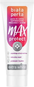 Biała Perła MAX Protect Extra White pasta do zębów przeciw próchnicy, w białej tubce, etykieta gradientowa.