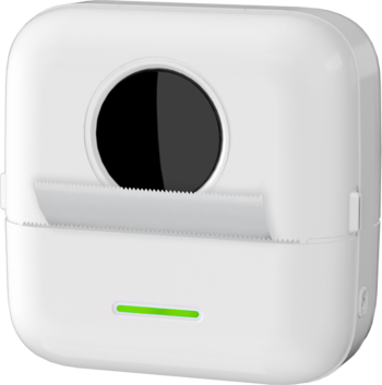 Kompaktowa biała mini drukarka termiczna Setty Bluetooth 4.0, z przodu otwór na papier, zielona dioda.