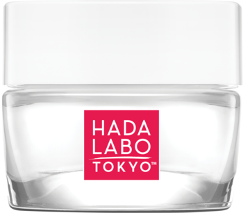Krem nawilżający Hada Labo Hyalu Renew w przezroczystym słoiczku z białą nakrętką i czerwonym logo. Widok z przodu.