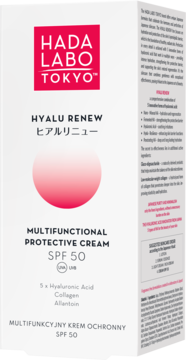 Hada Labo Hyalu Renew krem ochronny SPF 50 z kwasem hialuronowym, białe pudełko, widok z przodu.