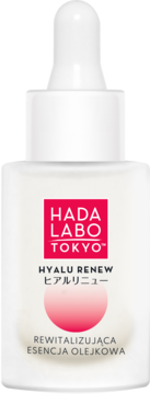 Hada Labo Tokyo Hyalu Renew rewitalizująca esencja olejkowa w butelce z zakraplaczem, widok z przodu.