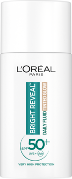 L'Oréal Paris Bright Reveal Tinted Glow fluid do twarzy SPF 50+ w białej butelce. Przód, bardzo wysoka ochrona.
