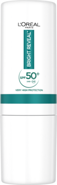 Sztyft przeciwsłoneczny L'Oréal Paris Bright Reveal SPF 50+ w białym opakowaniu z tealową etykietą, widok z przodu.