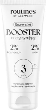 Biała tubka Routines by Alkmie Energy Shot Booster, serum energetyzujące z 2% RejuveNAD i 2% AA2G, widok z przodu.
