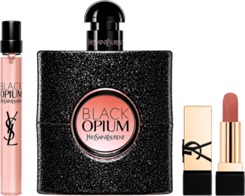 Zestaw YSL Black Opium: czarne perfumy EDP 90/10ml, jasnoróżowa próbka, złoto-czarna pomadka Nu Muse. Widok przód.