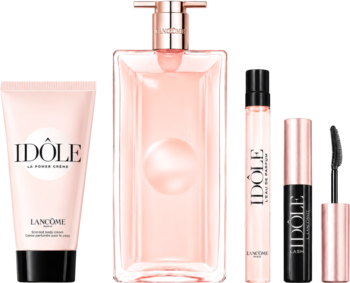 Zestaw Lancôme Idôle: szyprowo-kwiatowa woda perfumowana (100ml, 10ml), balsam i tusz, widok z przodu.