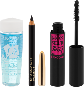 Lancome zestaw: czarny tusz Monsieur Big z różowym logo, kredka Khôl, niebieski płyn Bi-Facil, z przodu.