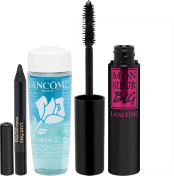 Zestaw Lancome: czarny tusz Monsieur Big z wyciągniętą szczoteczką, kredka Le Crayon Khôl, płyn Bi-Facil dwufazowy.