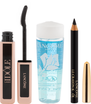 Zestaw Lancome: tusz Lash Idôle (różowo-złoty), płyn Bi-Facil (niebieski) i czarna kredka Le Crayon Khôl, stojące pionowo na białym tle.