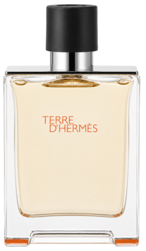 Męska woda toaletowa Terre d'Hermès. Szklana butelka z bursztynowym płynem, czarny korek, pomarańczowy napis, widok z przodu.