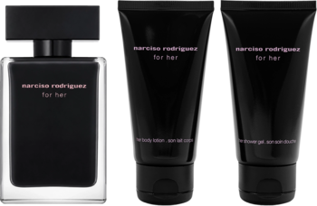 Zestaw Narciso Rodriguez For Her: czarny flakon perfum, czarny balsam do ciała i żel pod prysznic, z przodu.