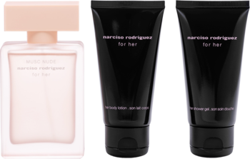 Zestaw Narciso Rodriguez For Her Musc Nude: różowe perfumy, czarny balsam i żel pod prysznic na czarnym tle.