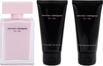 Zestaw Narciso Rodriguez For Her: różowa woda perfumowana, czarny balsam i żel pod prysznic. Widok z przodu.