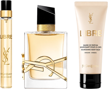 Zestaw YSL Libre: złote perfumy 50/10 ml i beżowy balsam 50 ml na czarnym tle, dla kobiet, widok frontalny.