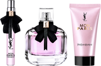 Zestaw Yves Saint Laurent Mon Paris: woda perfumowana 90ml i 10ml z czarnymi kokardami, balsam w różowej tubce na czarnym tle.