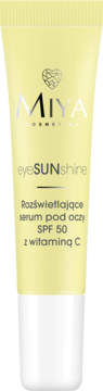 Miya eyeSUNshine rozświetlające serum pod oczy SPF 50 z witaminą C, żółta tubka, biała nakrętka, front.