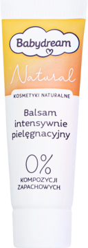 Babydream Natural balsam do ciała 0% zapachu, biało-żółta tuba, intensywnie pielęgnacyjny, widok frontalny.