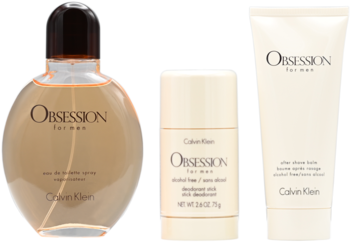 Widok zestawu Calvin Klein Obsession For Men: brązowa woda toaletowa, dezodorant i balsam po goleniu.