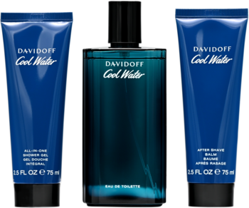 Zestaw Davidoff Cool Water dla mężczyzn: woda toaletowa, żel pod prysznic i balsam po goleniu w niebieskich opakowaniach.