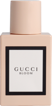 Gucci Bloom damska woda perfumowana w bladoróżowej prostokątnej butelce, widok z przodu z białą etykietą.